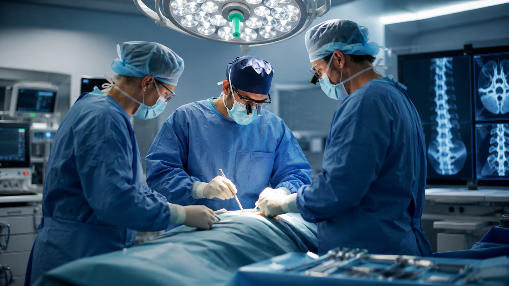 Surgical team working under operating lights